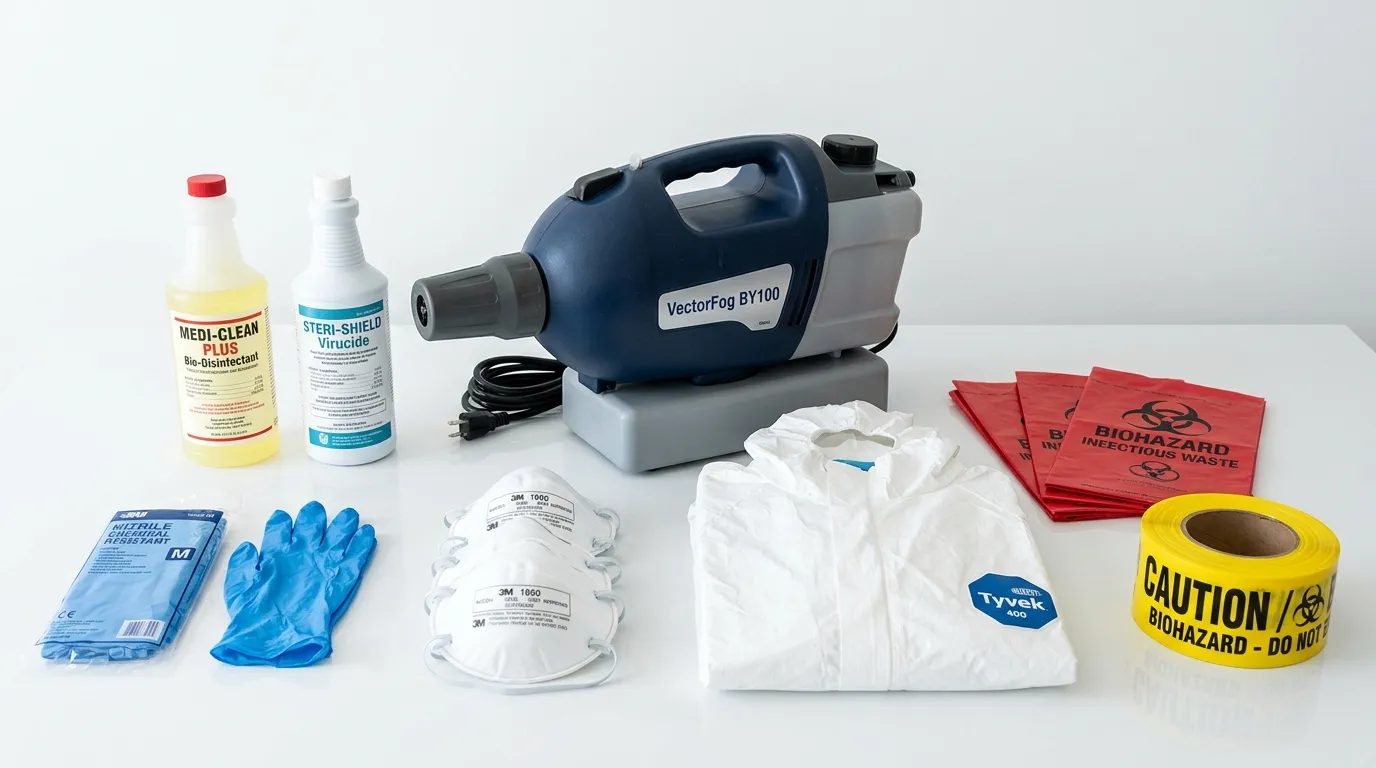 Professional biohazard remediation crew working in Madera